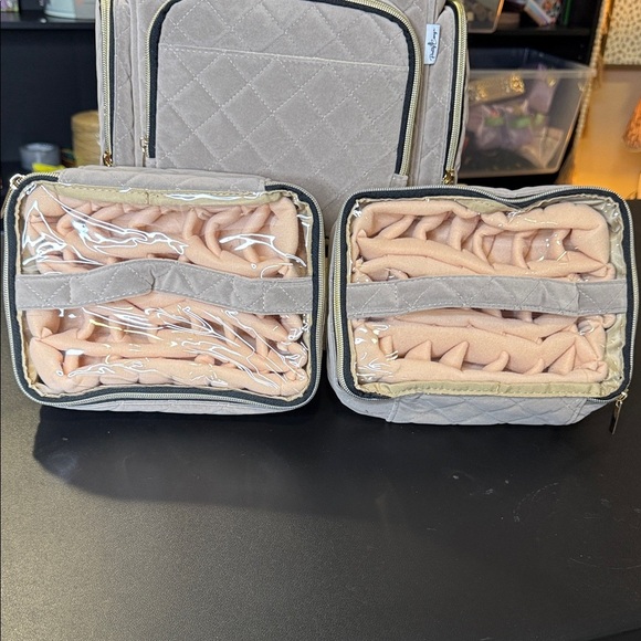 Quilted Gray Makeup Bag with Gold Accents.  Several Pockets With Ample Storage - Picture 7 of 9